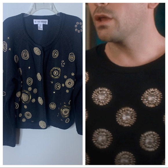 VINTAGE Beaded Art Deco Revival Gold Ornate Black Knit Vintage Glam Cardigan - Picture 14 of 14